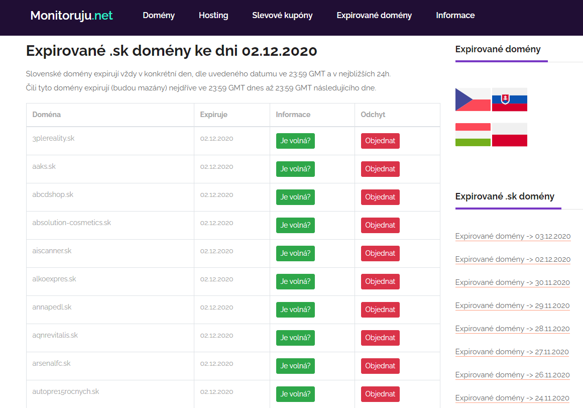 Exspirované .sk domény na monitoruju.net